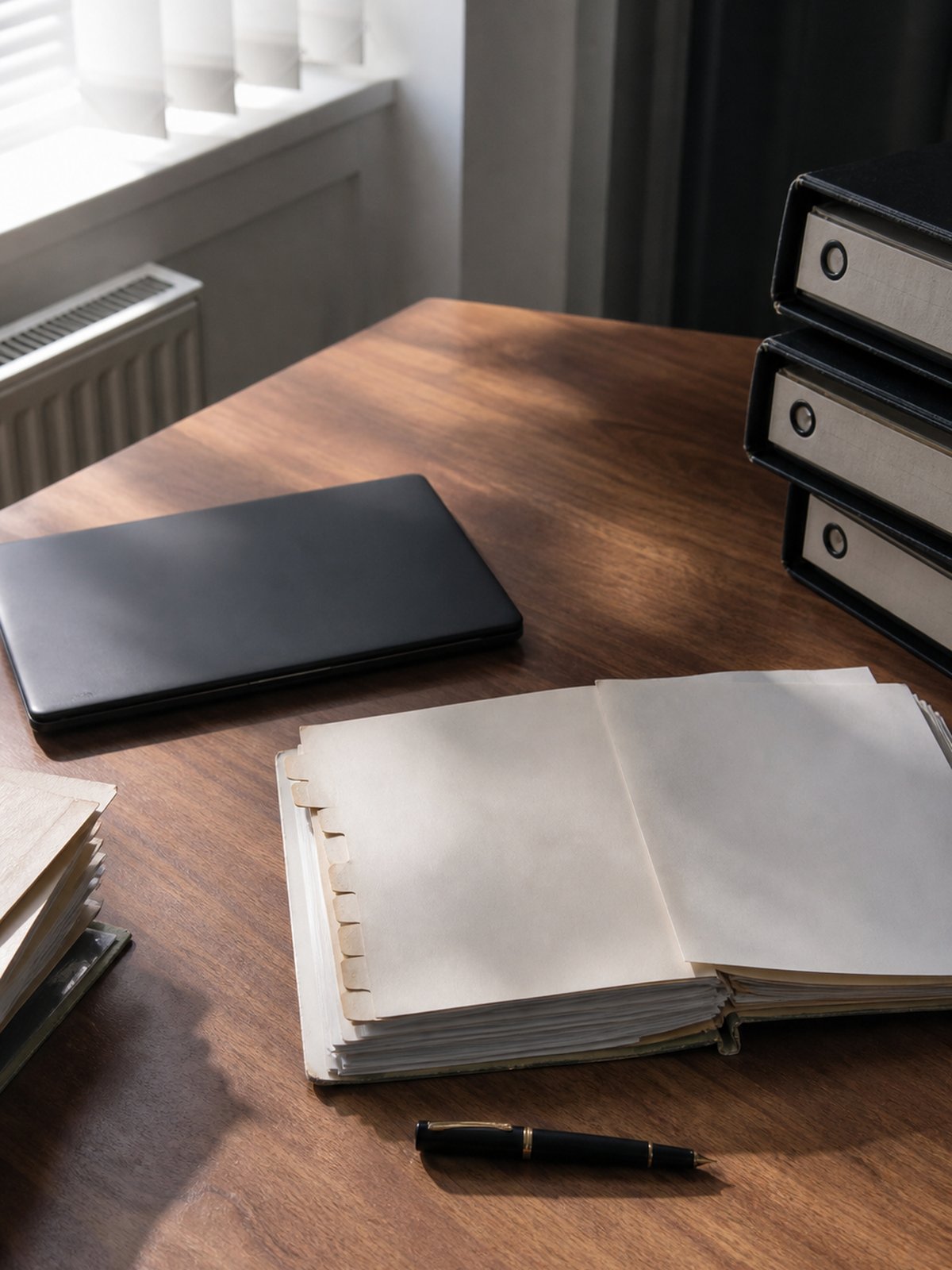 Arbeitsplatz in einer Kanzlei mit aufgeschlagenen Akten und Dokumenten